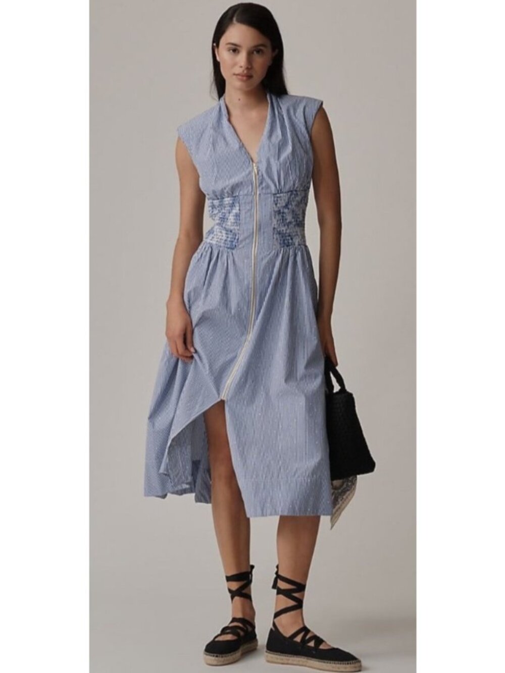 NEW Anthropologie Tommie Cap Sleeve Smocked Zip Front Midi Dress in Shine Stripe